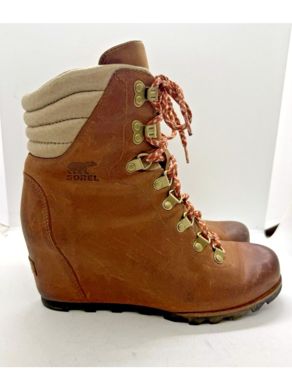 Sorel Conquest Wedge Tan Brown Leather Lace Up Boots Women's Size 9.5 NL2337-286